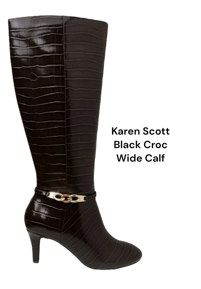 Karen Scott Boots Women Black SZ 7.5M Hanna Croc Wide-Calf Knee High Silver - Image 1 of 4