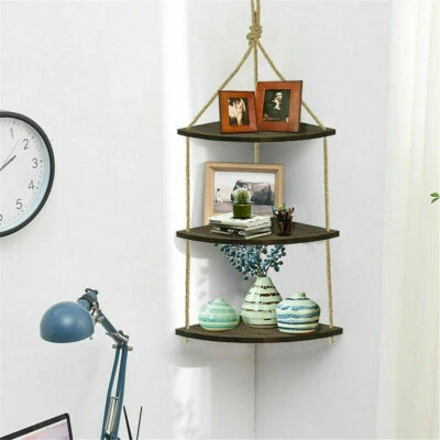 Brown Wood Jute Rope Floating Shelves Hanging Corner Wall Shelf Storage Organize - image 1 of 4