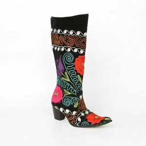 Black Velvet Embroidered Pink Red Purple Floral Boots Womens 37 Flower Bohemian - Picture 1 of 11