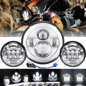 Round Chrome 7" LED Projector Headlight + 4.5" Passing Lamp For Harley Touring - Picture 1 of 18