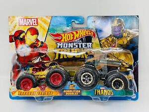 Hot Wheels Marvel Monster Trucks Demolition Doubles Iron Man & Thanos 2-Pack New