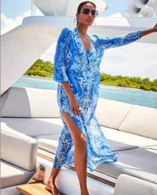 NWT LILLY PULITZER KEIR MAXI COVERUP SIZE LARGE BAJA COVE ALBA BLUE  chiffon - Image 1 of 3