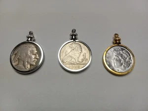 3 Coins In Pendants Lot~1928 Indian Head 5 Cent~1 Franc 1939 Belgium~1975 Brazil - Picture 1 of 5