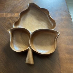 Monkey Pod Wood Divided Serving Bowl Leaf And Stem Tiki Bowl Hawaii 1-921K - Picture 1 of 7