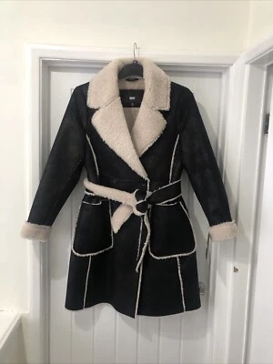 £380 DKNY Black Faux Fur Collar Belted Warm Coat Small UK 8 10 Lightweight - Image 1 of 4