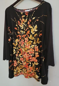 Susan Graver 3X Liquid Knit Tunic Top Brown Floral 3/4 Sleeve w/ Rhinestones - Picture 1 of 10