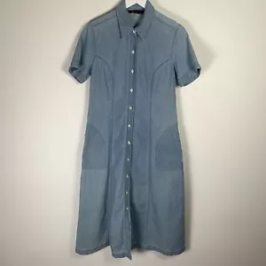 Vintage BHS Denim Midi Dress Size 12 Light Blue Pockets 90s Western - Picture 1 of 7