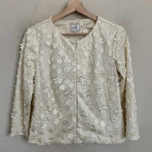 ECI New York Beige Jacket Collarless Sheer Floral Overlay Hook Eye Size 4 - Picture 1 of 6