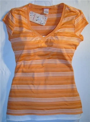 Union Bay Mock SHIRT Orange & White Striped Cap Sleeve Crew Fitted Jrs L Y2K - Image 1 of 3