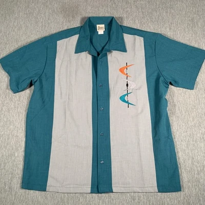 Lucky Paradise Shirt Mens 2XL Teal Gray Button Bowling Atomic Embroidered Retro - Image 1 of 4