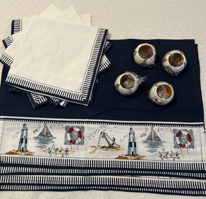 Set 4 Placemats Napkins & Rings Lighthouse Sailboat Nautical 14x20 Cotton NEW - Bild 1 von 8