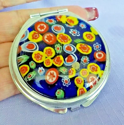 Handcrafted Art Glass Stainless Steel Compact Mirror (Blue) 2.5" - Image 1 of 4