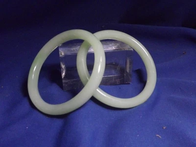 Vintage Lot of 2 Chinese Light Green Jade  Bangle Bracelets,3 1/4"W 2 5/8"Inside - Image 1 of 3