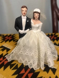 Vintage 1950s Wedding Cake Topper Ceramic Fabric Small Pretty Classic Brunette  - Picture 1 of 11