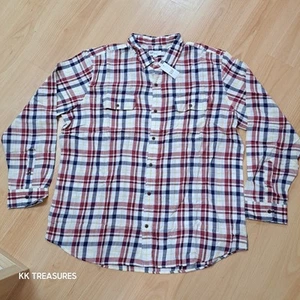 Gap Cotton Slub Shirt Soft Linen Feel White Blue Red Check Long Sleeve Mens XXL - Picture 1 of 14