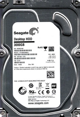 ST3000DM001 P/N: 1ER166-570 F/W: CC41 S/N: W500 WU 3TB APR 2014 CHINA SEAGATE - Image 1 of 2