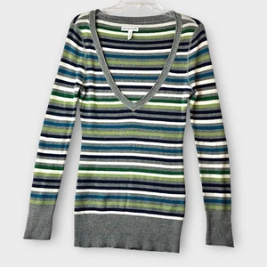 Aeropostale Sweater Top Y2K Size XL Bella Swan Stripe Green Gray Deep V-neck - Picture 1 of 6