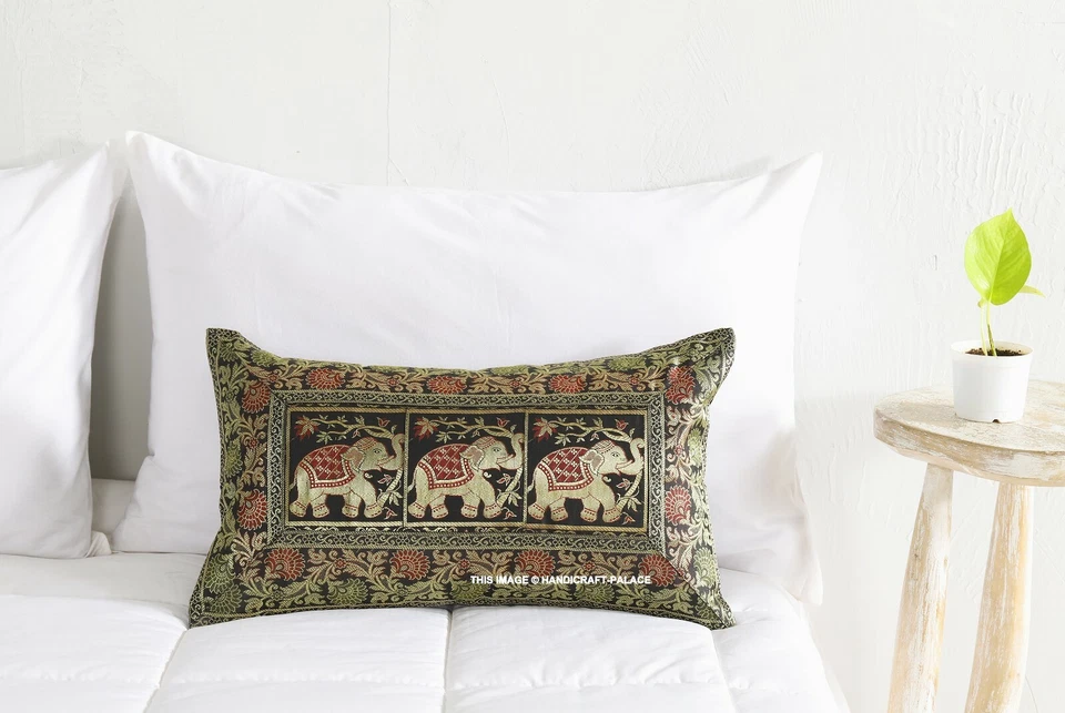 Ethnic Pillow Cover Elephant Brocade Silk Black Cushion Pillowcase Throw 12X20" - Image 1 of 4