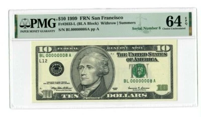 $10 FEDERAL RESERVE NOTE 1999  # 00000008  PMG-64 CHOICE UNCIRCULATED LOW S/N #8 - Image 1 of 2