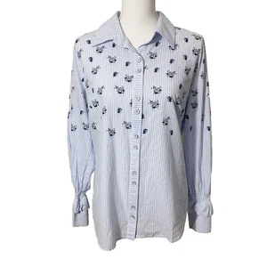 CAbi Womens Whitney Shirt Blue White Stripe Floral Print Blouse M Medium EUC - Picture 1 of 13