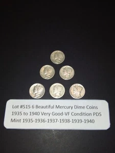 Lot #515 6 Beautiful Mercury Dimes 1935 1936 1937 1938 1939 1940 High Grade-PDS - Picture 1 of 4