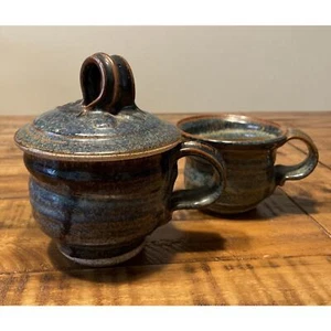 Stoneware Glazed Brown Blue Sugar Bowl w/Lid & Handle and Coffee Mug Set Signed - Picture 1 of 24