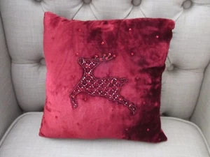 Vintage Pottery Barn Burgundy Velvet Beaded Deer Holiday 11" x 11" Pillow - Picture 1 of 5