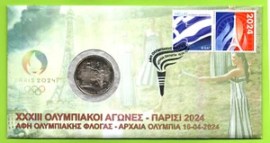 Paris 2024 Olympic Games Touch of Olympic Flame in Ancient Olympia FDC & Coin N6 - Picture 1 of 5