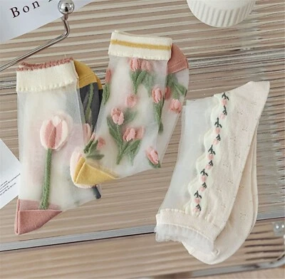 Women Retro Fancy Ankle Tulip Flower Transparent Summer lace Short Dress Socks - image 1 of 4
