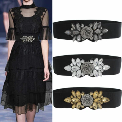 Damen Elastischer Breiter Gürtel Kristall Strass Bund Vintage Stretchbund Gürt > - Bild 1 von 4