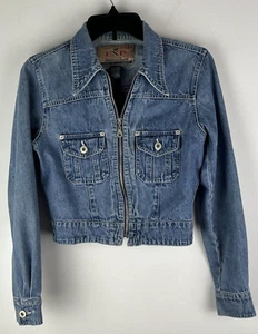 Express Women XS Blue Jean Jacket Full Zip Y2K 90s Hong Kong Moto VTG - Picture 1 of 10