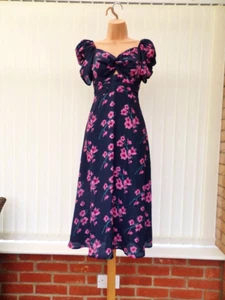 COAST NAVY PINK GREEN FLORAL PUFF SLEEVE 50'S MIDI DRESS 8 BNWT WASHABLE - Picture 1 of 16