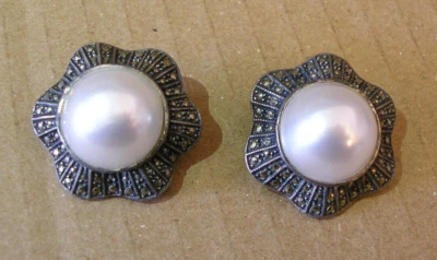 复古纯银耳环 Starburst 模拟珍珠夹 925 21 克 — 第 1/4 张图片