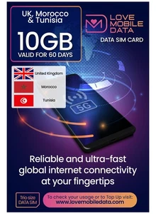 Love Mobile Data - 10GB UK, Morocco & Tunisia SIM card - Picture 1 of 6