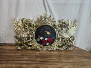 VINTAGE ELECO QUARTZ WALL CLOCK GOLD PEGASUS UNICORN FLORAL CROWN BUTTERFLY... - Picture 1 of 11