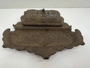 Antique Cast Iron Metal Art Deco Inkwell Double Ink Stand - Picture 1 of 11