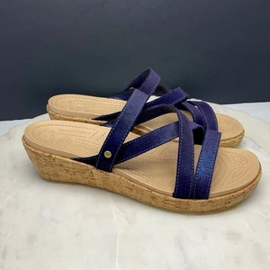Crocs A Leigh Wedge Sandals Womens Size 9 Blue Leather Strappy Heel Slide 202043 - Picture 1 of 10