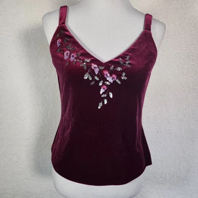 Vintage Alex Evenings Velvet Cami Top Small Maroon Sequin Fairygrunge Whimsigoth - Image 1 of 4
