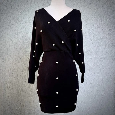 Vestido Immodel Negro Imitación Envolvente Perlas Talla S Suéter Mini Tejido L/S Fiesta Vacaciones Foto 1 de 4