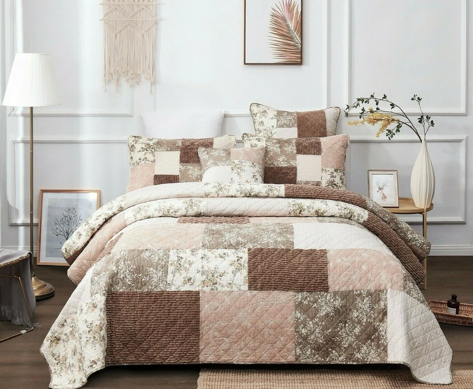 DaDa Bedding Floral Cottage Patchwork Tan Pink Beige Cotton Quilt Bedspread Set - Image 1 of 4