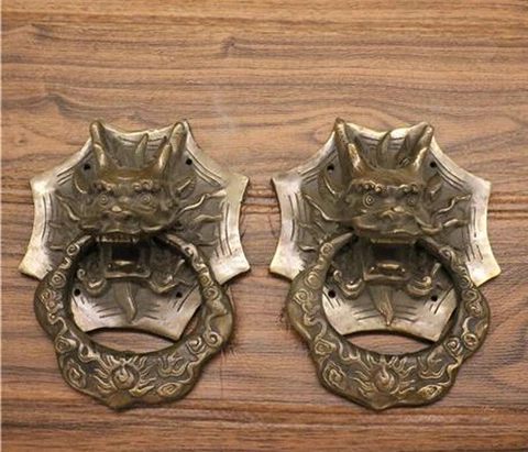 A Pair Fengshui Classical Folk Rare Chinese old copper dragon door knocker Bells Cover