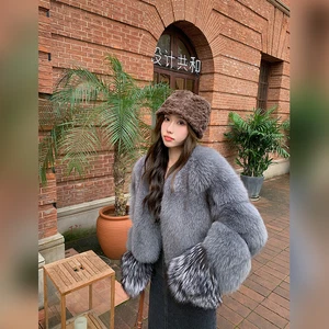 Women Short Real Fox Fur Coat Natural Fur Warm Gary Jackets Full Pelt Overcoat - Picture 1 of 7