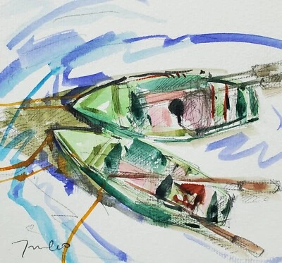 Pintura Acuarela Coleccionable JOSE TRUJILLO ORIGINAL Barcos de Remos Certificado de Autenticidad de Agua Foto 1 de 4