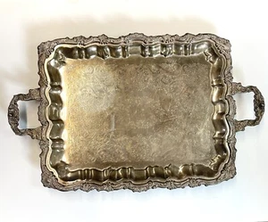 Grande antico vassoio servizio maggiordomo Sheridan placcato argento piedi inciso ornato - Foto 1 di 9