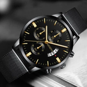 Nuevo Moda Genial Hombres Negro Acero Inoxidable Cuarzo Reloj Deportes Regalo Negocios - Imagen 1 de 20