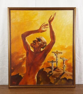 Crucifixión, Calvario, Gólgota, arte religioso, pintura al óleo original - Imagen 1 de 9