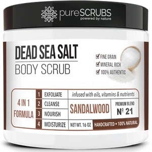 Exfoliante corporal de sal del Mar Muerto de sándalo pureSCRUBS + cuchara, zapatilla y jabón GRATIS - Imagen 1 de 8