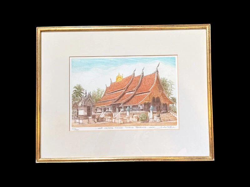 Limited Edition Etching - Laotian Buddhist Temple in Luang Prabang by Sabatacha  - Image 1 of 4