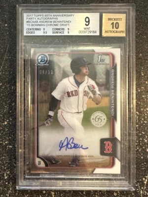 2017 65TH Anniv. Party Auto Andrew Benintendi 2015 Bowman Chrome 1st #/13  BGS 9 - Image 1 of 3
