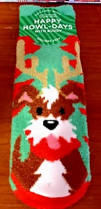 HAPPY HOWL-DAYS WITH BUDDY SHEA INFUNDIERTE LOUNGE-SOCKEN GRÜN ROT HUND RENTIER NEU MIT ETIKETT - Bild 1 von 2